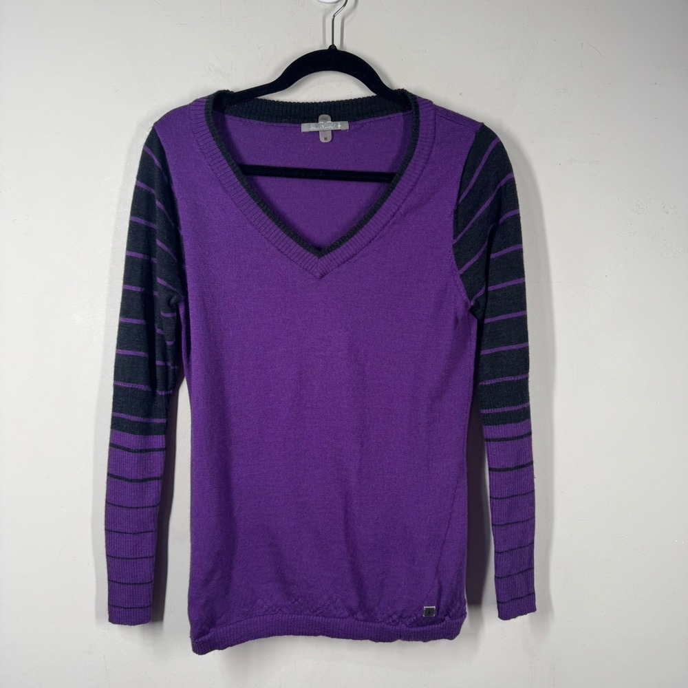 Smartwool Akamina Purple Striped 100% Merino Wool V-Neck Sweater SR294 F13 Sz M